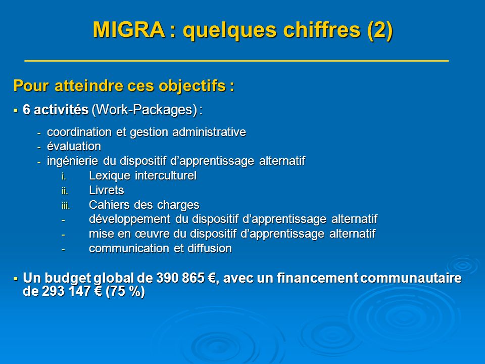 MIGRA : quelques chiffres (2) Pour atteindre ces objectifs : 6 activités (Work-Packages) : 6 activités (Work-Packages) : - coordination et gestion administrative - évaluation - ingénierie du dispositif dapprentissage alternatif i.