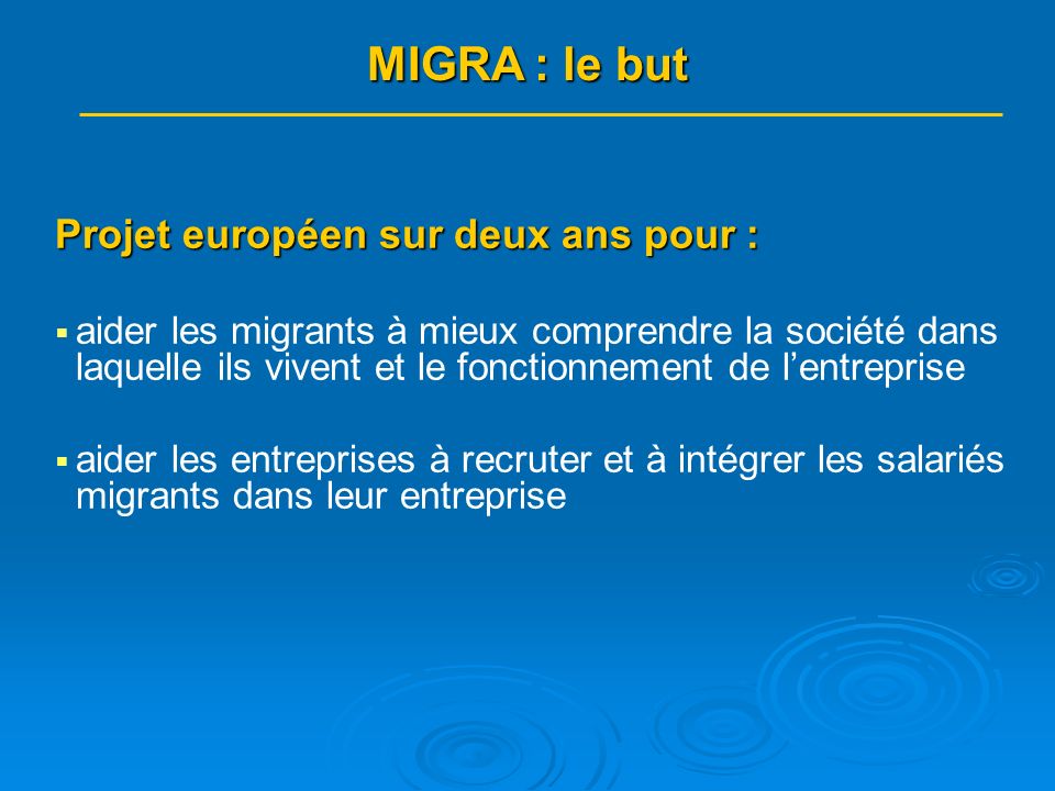 Projet européen sur deux ans pour : aider les migrants à mieux comprendre la société dans laquelle ils vivent et le fonctionnement de lentreprise aider les entreprises à recruter et à intégrer les salariés migrants dans leur entreprise MIGRA : le but