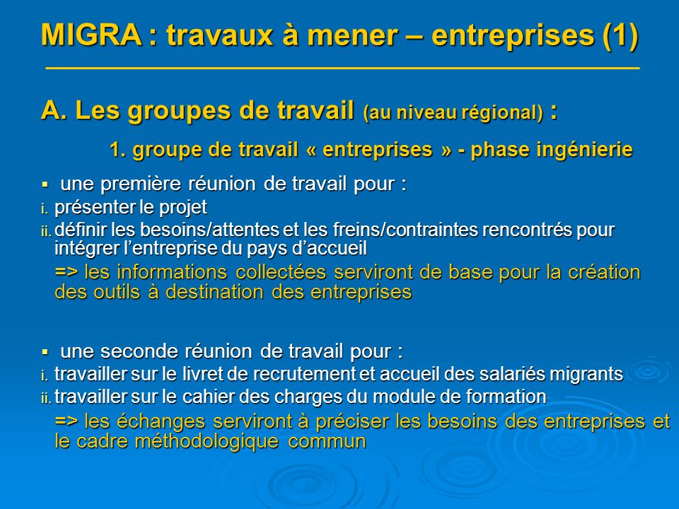 MIGRA : travaux à mener – entreprises (1) A. Les groupes de travail (au niveau régional) : 1.