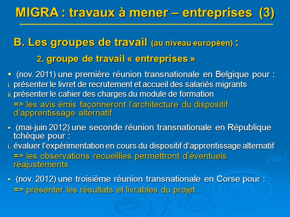 MIGRA : travaux à mener – entreprises (3) B. Les groupes de travail (au niveau européen) : 2.