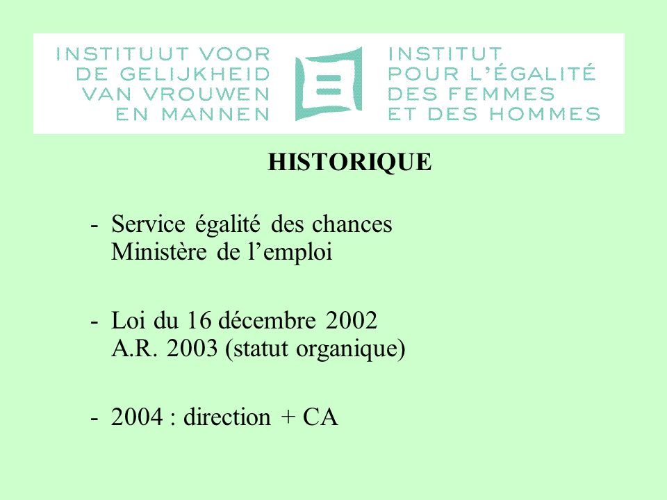 HISTORIQUE -Service égalité des chances Ministère de lemploi -Loi du 16 décembre 2002 A.R.