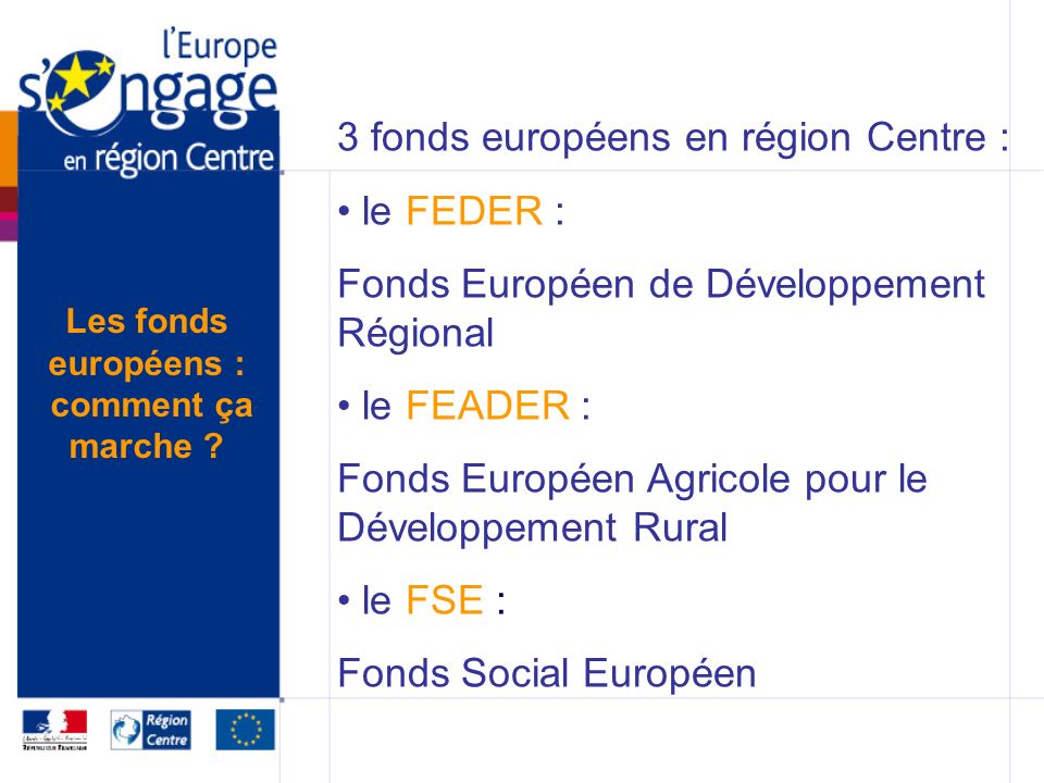 3 fonds européens en région Centre : le FEDER : Fonds Européen de Développement Régional le FEADER : Fonds Européen Agricole pour le Développement Rural le FSE : Fonds Social Européen Les fonds européens : comment ça marche