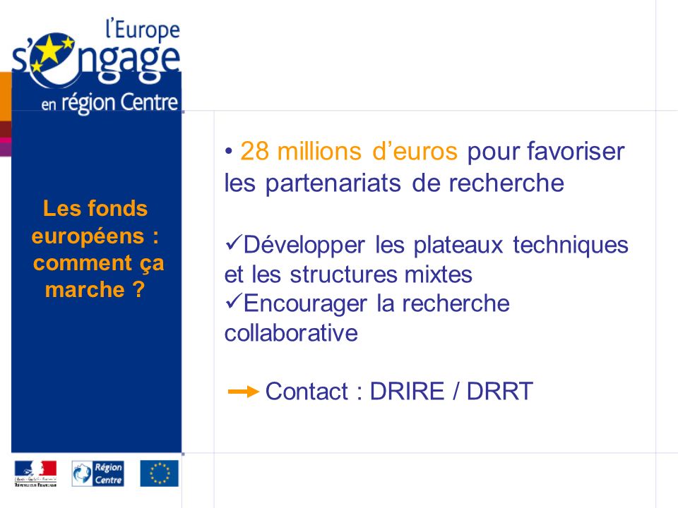 28 millions deuros pour favoriser les partenariats de recherche Développer les plateaux techniques et les structures mixtes Encourager la recherche collaborative Contact : DRIRE / DRRT Les fonds européens : comment ça marche