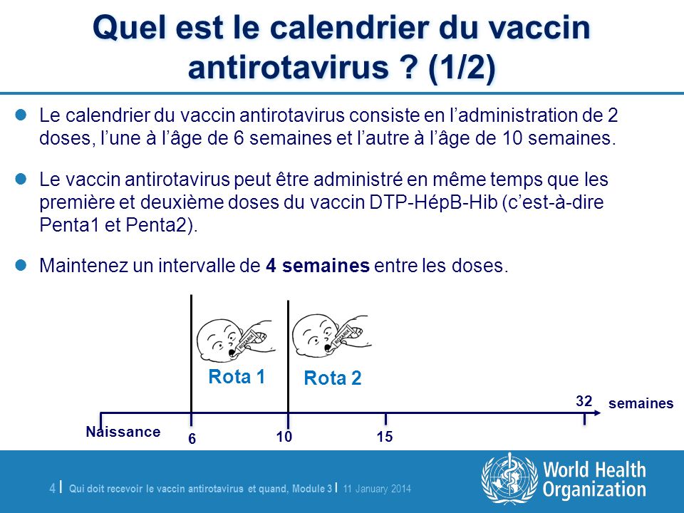 Qui doit recevoir le vaccin antirotavirus et quand, Module 3 | 11 January |4 | Le calendrier du vaccin antirotavirus consiste en ladministration de 2 doses, lune à lâge de 6 semaines et lautre à lâge de 10 semaines.
