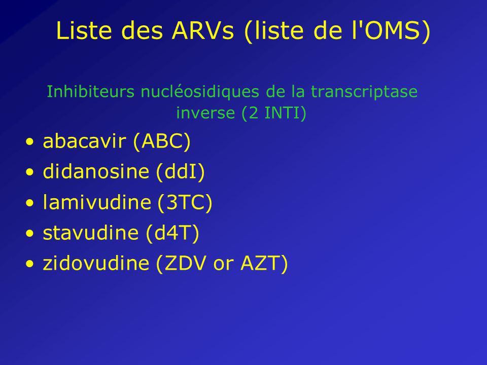 Liste des ARVs (liste de l OMS) Inhibiteurs nucléosidiques de la transcriptase inverse (2 INTI) abacavir (ABC) didanosine (ddI) lamivudine (3TC) stavudine (d4T) zidovudine (ZDV or AZT)