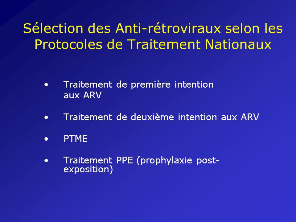 Sélection des Anti-rétroviraux selon les Protocoles de Traitement Nationaux Traitement de première intention aux ARV Traitement de deuxième intention aux ARV PTME Traitement PPE (prophylaxie post- exposition)