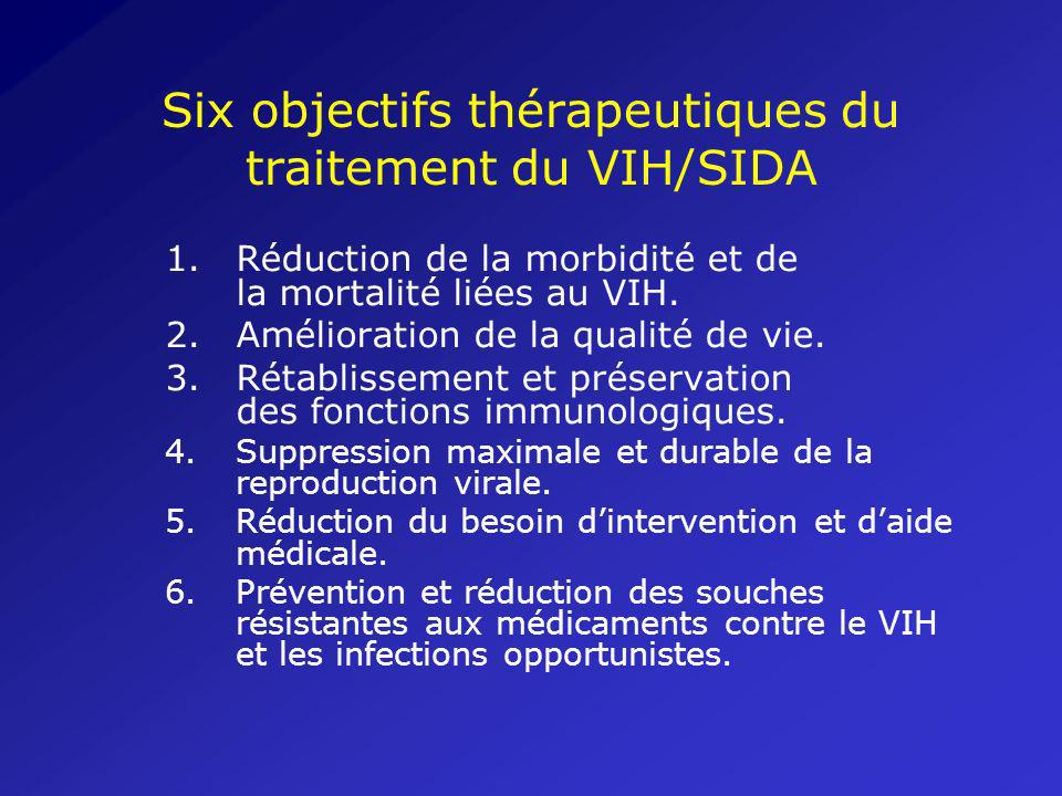 Six objectifs thérapeutiques du traitement du VIH/SIDA 1.Réduction de la morbidité et de la mortalité liées au VIH.
