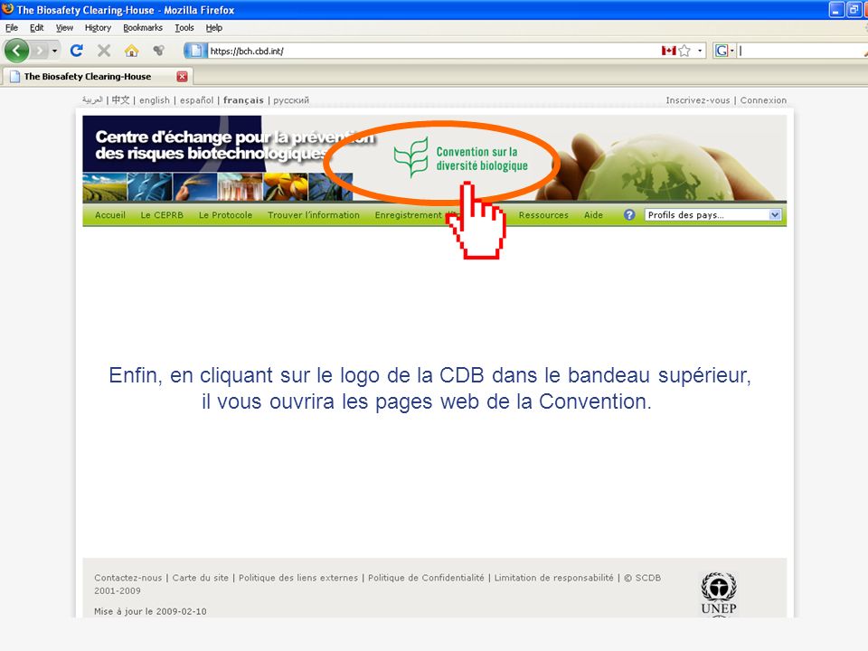 Enfin, en cliquant sur le logo de la CDB dans le bandeau supérieur, il vous ouvrira les pages web de la Convention.