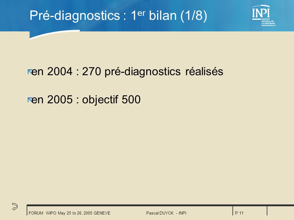 FORUM WIPO May 25 to 26, 2005 GENEVEPascal DUYCK - INPIP.11 Pré-diagnostics : 1 er bilan (1/8) ã en 2004 : 270 pré-diagnostics réalisés ã en 2005 : objectif 500