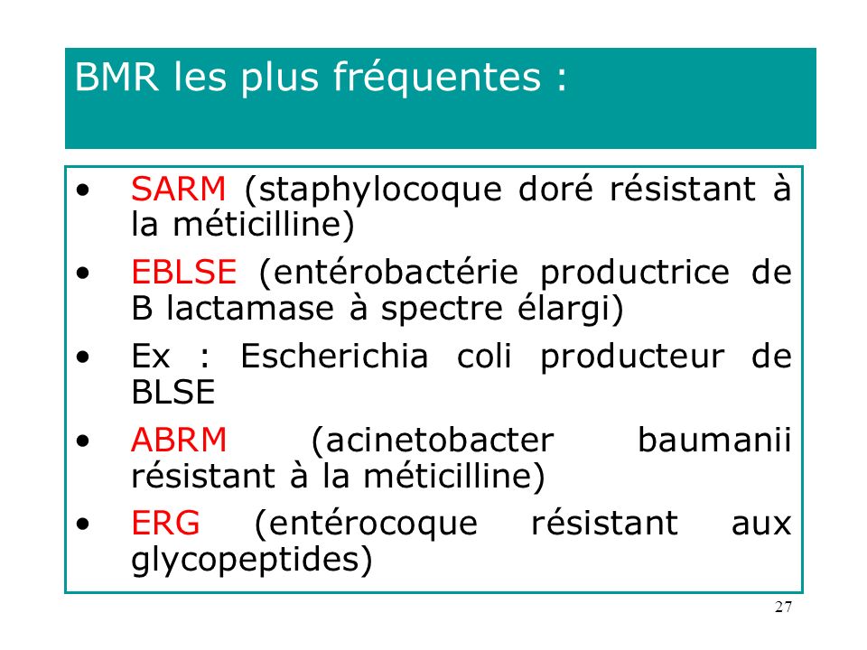 27 BMR les plus fréquentes : SARM (staphylocoque doré résistant à la méticilline) EBLSE (entérobactérie productrice de B lactamase à spectre élargi) Ex : Escherichia coli producteur de BLSE ABRM (acinetobacter baumanii résistant à la méticilline) ERG (entérocoque résistant aux glycopeptides)