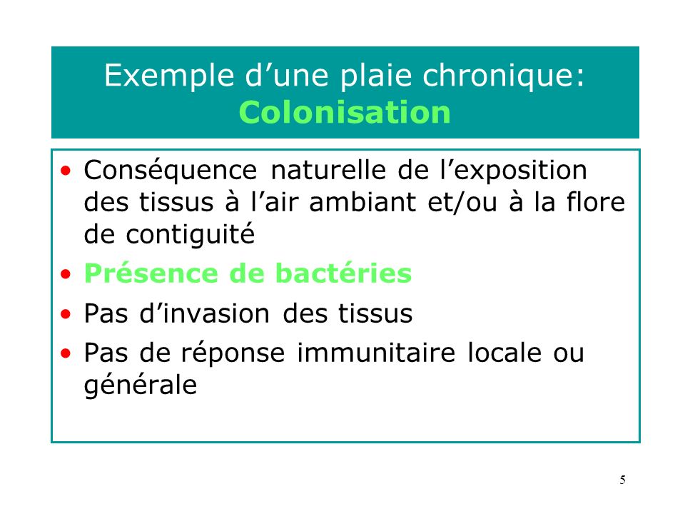 5 Exemple dune plaie chronique: Colonisation Conséquence naturelle de lexposition des tissus à lair ambiant et/ou à la flore de contiguité Présence de bactéries Pas dinvasion des tissus Pas de réponse immunitaire locale ou générale