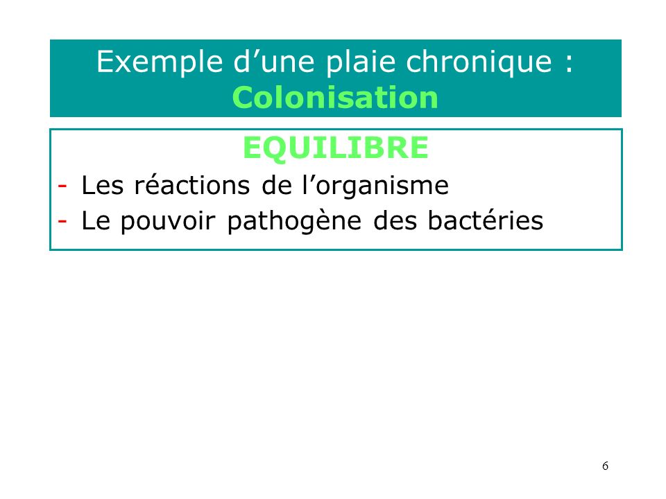 6 Exemple dune plaie chronique : Colonisation EQUILIBRE -Les réactions de lorganisme -Le pouvoir pathogène des bactéries
