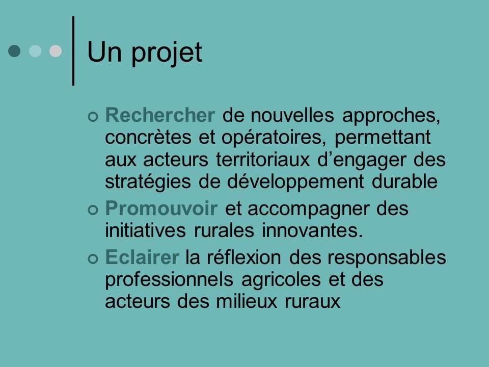 Un projet Rechercher de nouvelles approches, concrètes et opératoires, permettant aux acteurs territoriaux dengager des stratégies de développement durable Promouvoir et accompagner des initiatives rurales innovantes.