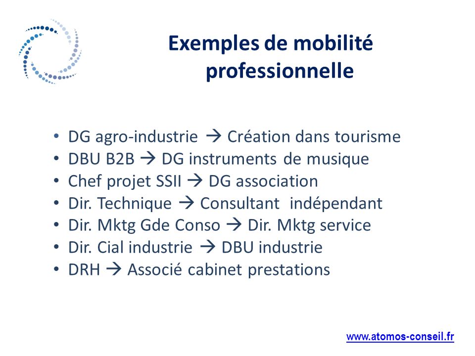 Exemples de mobilité professionnelle   DG agro-industrie Création dans tourisme DBU B2B DG instruments de musique Chef projet SSII DG association Dir.