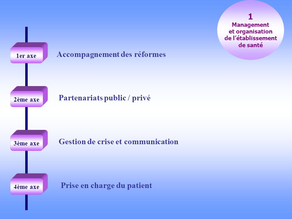Prise en charge du patient Accompagnement des réformes Partenariats public / privé 1 Management et organisation de létablissement de santé Gestion de crise et communication 1er axe 2ème axe 3ème axe 4ème axe