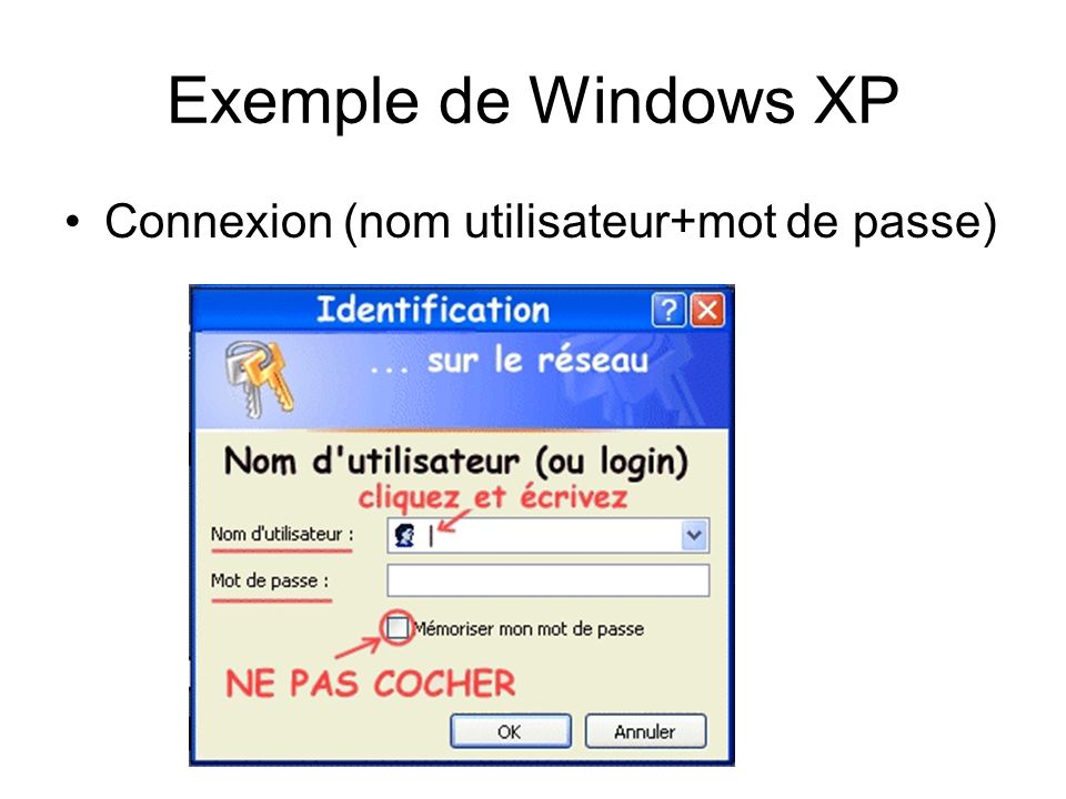 Exemple de Windows XP Connexion (nom utilisateur+mot de passe)