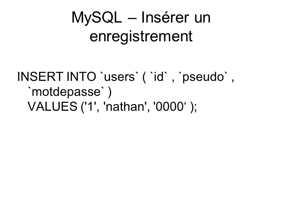 INSERT INTO `users` ( `id`, `pseudo`, `motdepasse` ) VALUES ( 1 , nathan , 0000 );