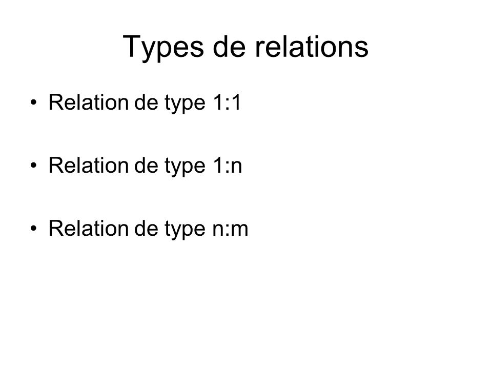 Types de relations Relation de type 1:1 Relation de type 1:n Relation de type n:m