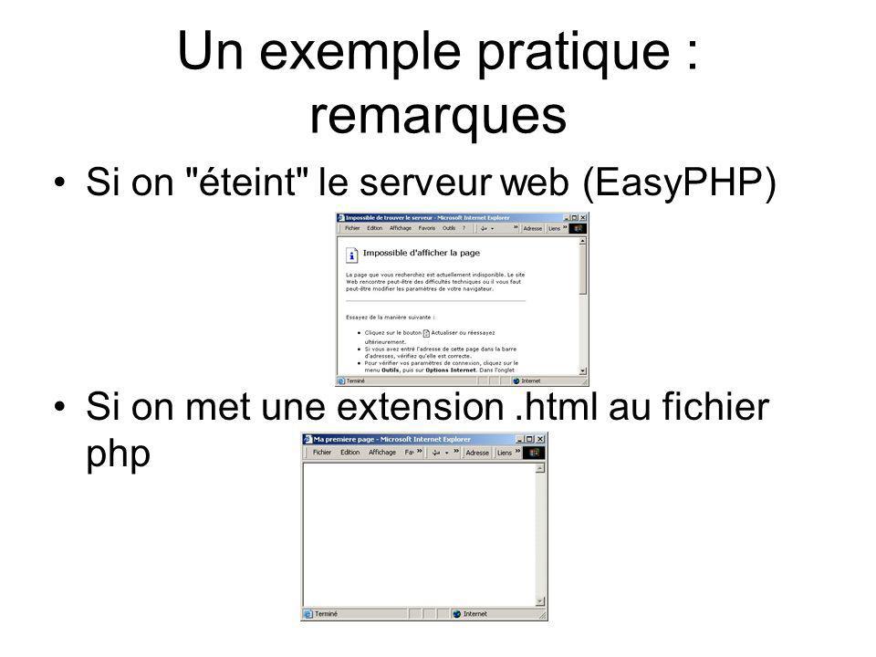 Un exemple pratique : remarques Si on éteint le serveur web (EasyPHP) Si on met une extension.html au fichier php