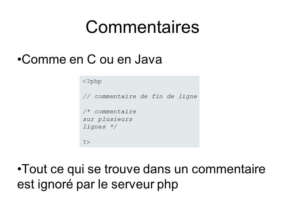 Commentaires Comme en C ou en Java Tout ce qui se trouve dans un commentaire est ignoré par le serveur php < php // commentaire de fin de ligne /* commentaire sur plusieurs lignes */ >