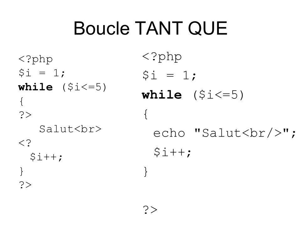 Boucle TANT QUE < php $i = 1; while ($i<=5) { > Salut <.