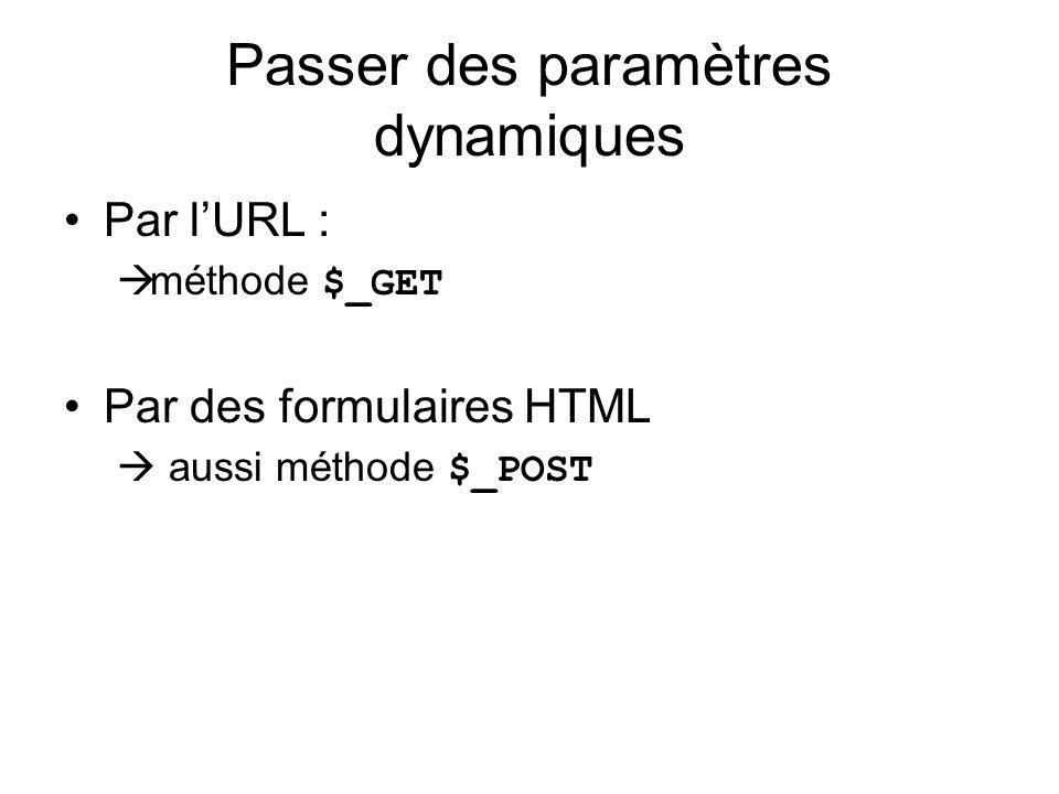 Passer des paramètres dynamiques Par lURL : méthode $_GET Par des formulaires HTML aussi méthode $_POST