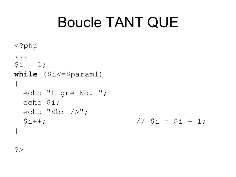 Boucle TANT QUE < php... $i = 1; while ($i<=$param1) { echo Ligne No.