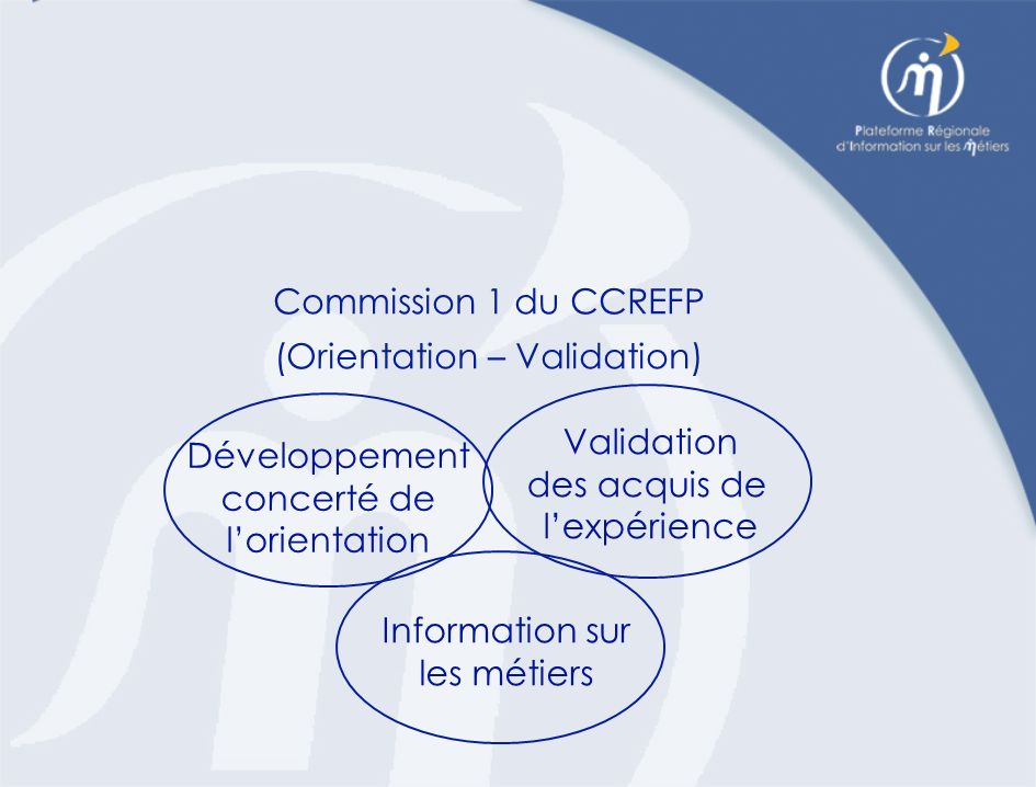 Commission 1 du CCREFP (Orientation – Validation) Développement concerté de lorientation Validation des acquis de lexpérience Information sur les métiers