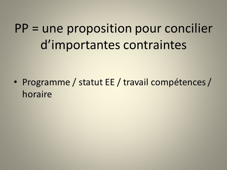 PP = une proposition pour concilier dimportantes contraintes Programme / statut EE / travail compétences / horaire