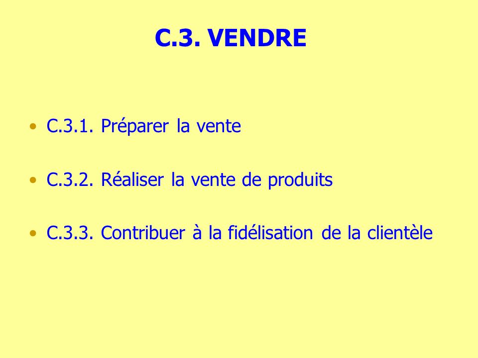 C.3. VENDRE C.3.1. Préparer la vente C.3.2. Réaliser la vente de produits C.3.3.