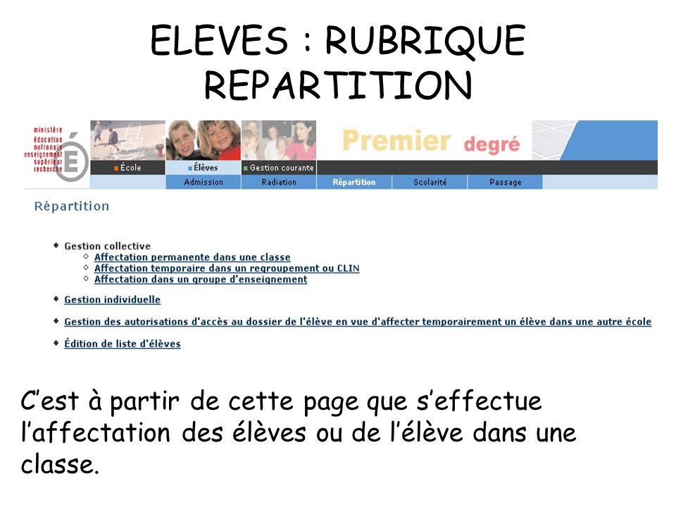 ELEVES : RUBRIQUE REPARTITION Cest à partir de cette page que seffectue laffectation des élèves ou de lélève dans une classe.