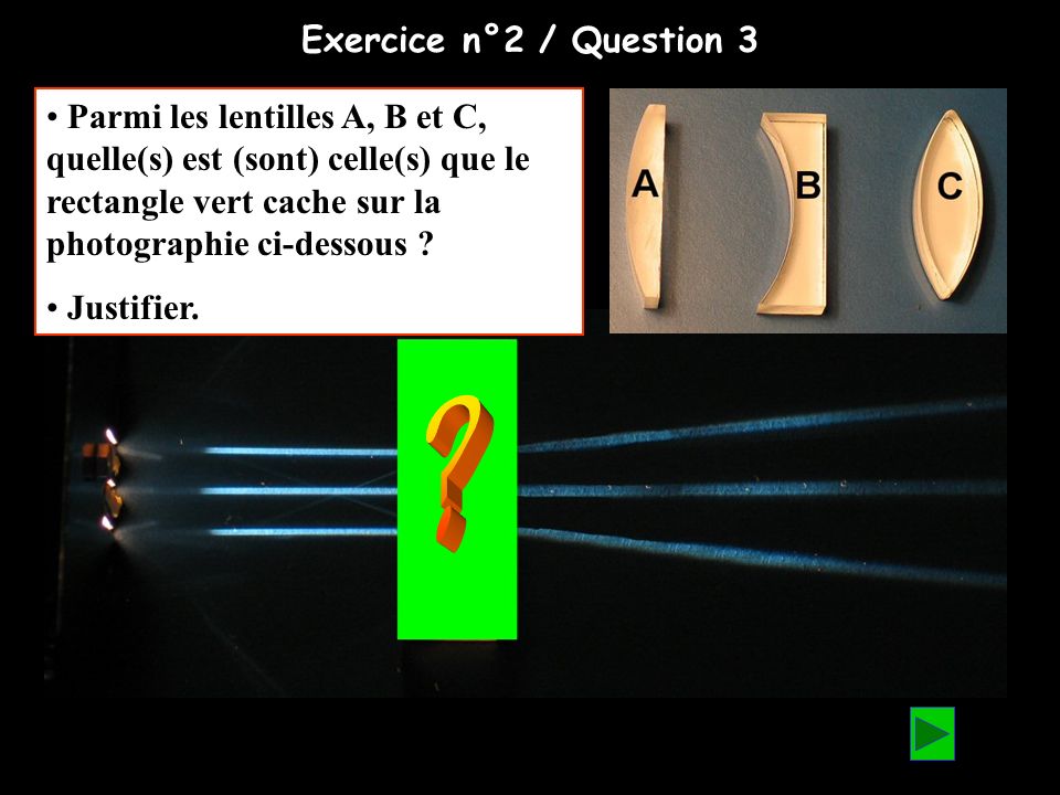 Exercice n°2 / Question 3 Parmi les lentilles A, B et C, quelle(s) est (sont) celle(s) que le rectangle vert cache sur la photographie ci-dessous .