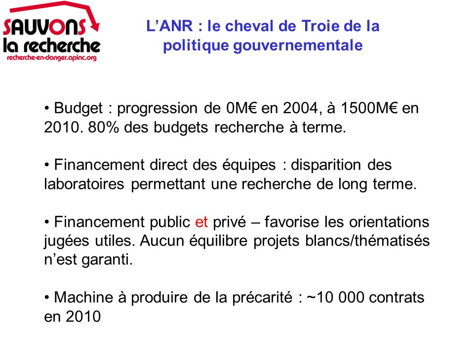 LANR : le cheval de Troie de la politique gouvernementale Budget : progression de 0M en 2004, à 1500M en 2010.