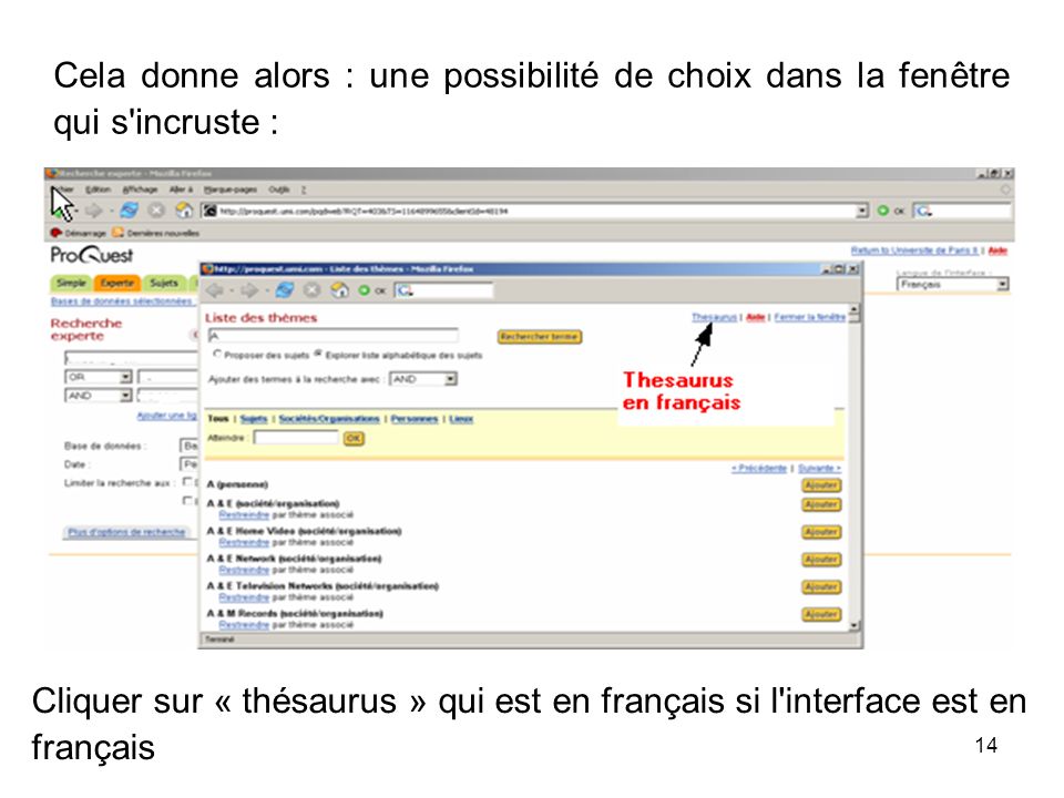 14 Cela donne alors : une possibilité de choix dans la fenêtre qui s incruste : Cliquer sur « thésaurus » qui est en français si l interface est en français