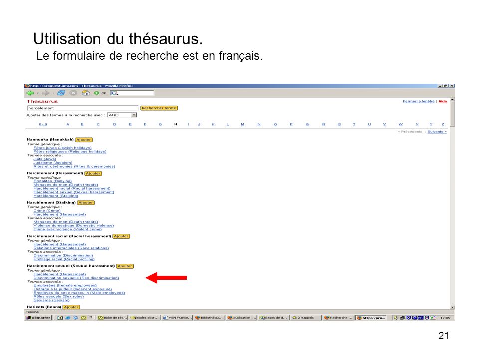 21 Utilisation du thésaurus. Le formulaire de recherche est en français.
