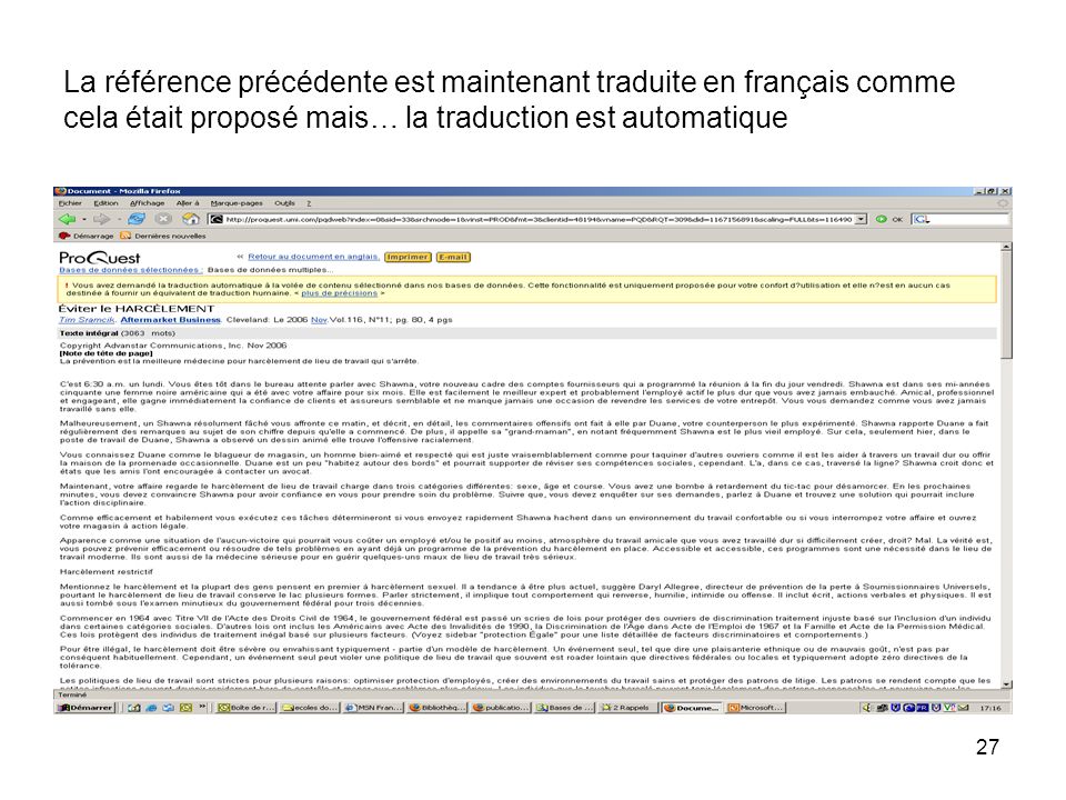 27 La référence précédente est maintenant traduite en français comme cela était proposé mais… la traduction est automatique