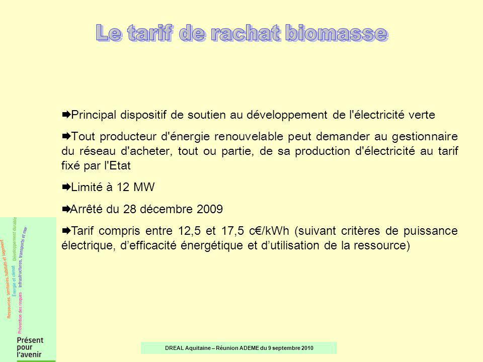 Principal dispositif de soutien au développement de l électricité verte Tout producteur d énergie renouvelable peut demander au gestionnaire du réseau d acheter, tout ou partie, de sa production d électricité au tarif fixé par l Etat Limité à 12 MW Arrêté du 28 décembre 2009 Tarif compris entre 12,5 et 17,5 c/kWh (suivant critères de puissance électrique, defficacité énergétique et dutilisation de la ressource) DREAL Aquitaine – Réunion ADEME du 9 septembre 2010