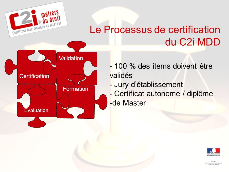 SDTICE Le Processus de certification du C2i MDD Evaluation Formation Validation Certification % des items doivent être validés - Jury détablissement - Certificat autonome / diplôme -de Master