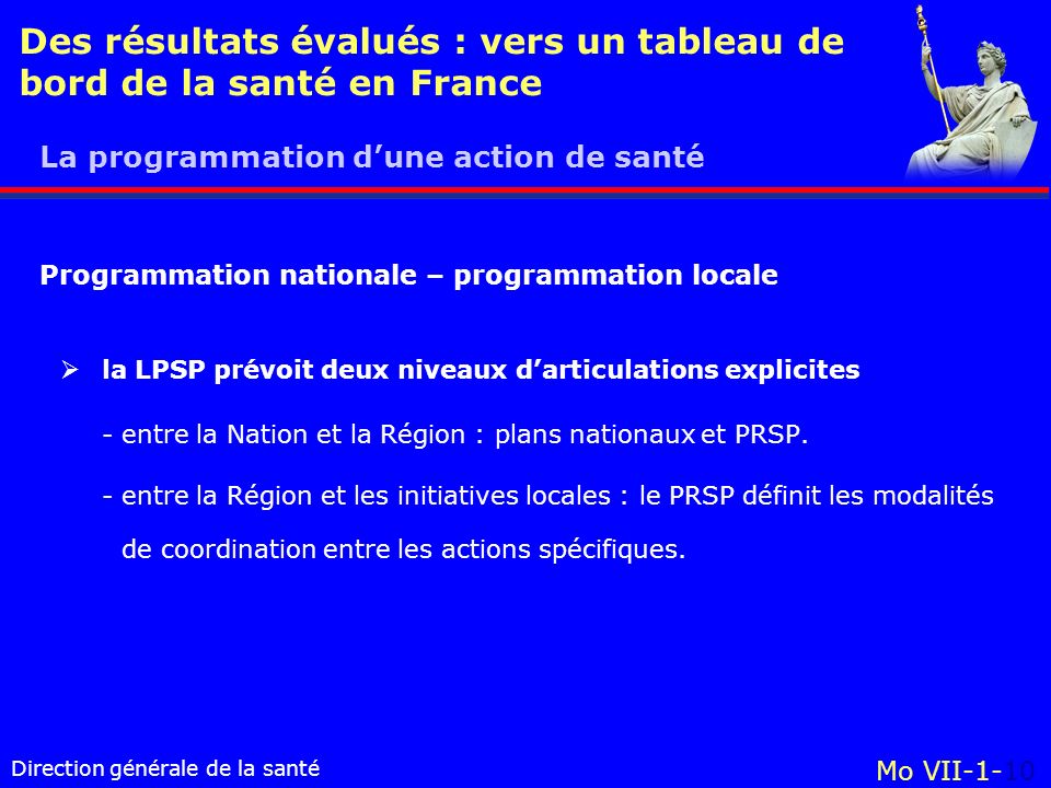Direction générale de la santé Mo VII-1-10 Des résultats évalués : vers un tableau de bord de la santé en France la LPSP prévoit deux niveaux darticulations explicites - entre la Nation et la Région : plans nationaux et PRSP.