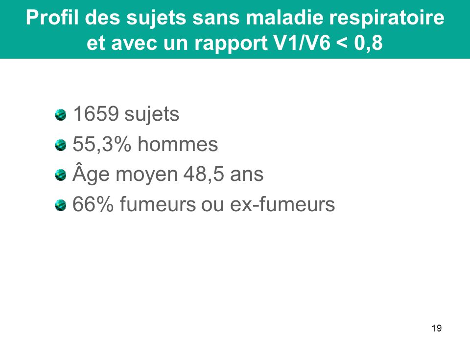 sujets 55,3% hommes Âge moyen 48,5 ans 66% fumeurs ou ex-fumeurs Profil des sujets sans maladie respiratoire et avec un rapport V1/V6 < 0,8