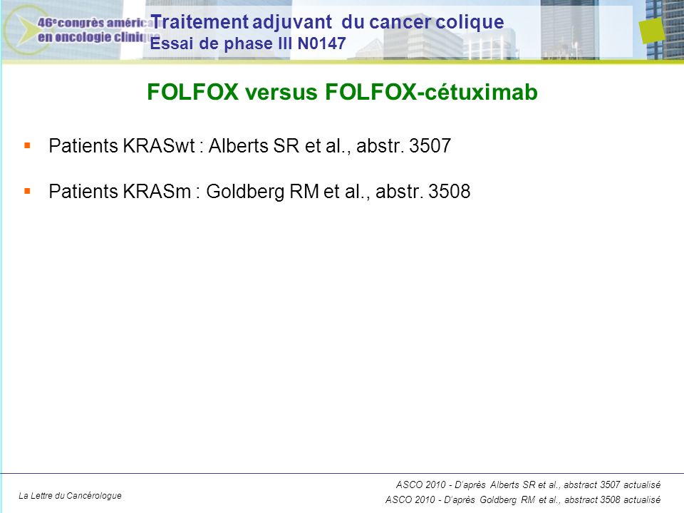 La Lettre du Cancérologue Traitement adjuvant du cancer colique Essai de phase III N0147 Patients KRASwt : Alberts SR et al., abstr.
