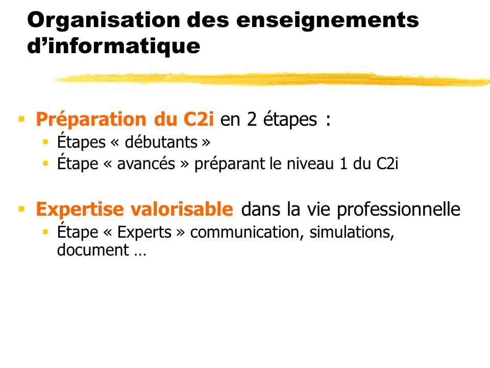 Organisation des enseignements dinformatique Préparation du C2i en 2 étapes : Étapes « débutants » Étape « avancés » préparant le niveau 1 du C2i Expertise valorisable dans la vie professionnelle Étape « Experts » communication, simulations, document …