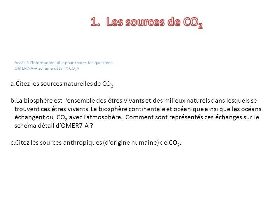 Accès à linformation utile pour toutes les questions: OMER7-A schéma détail « CO 2 » a.Citez les sources naturelles de CO 2.