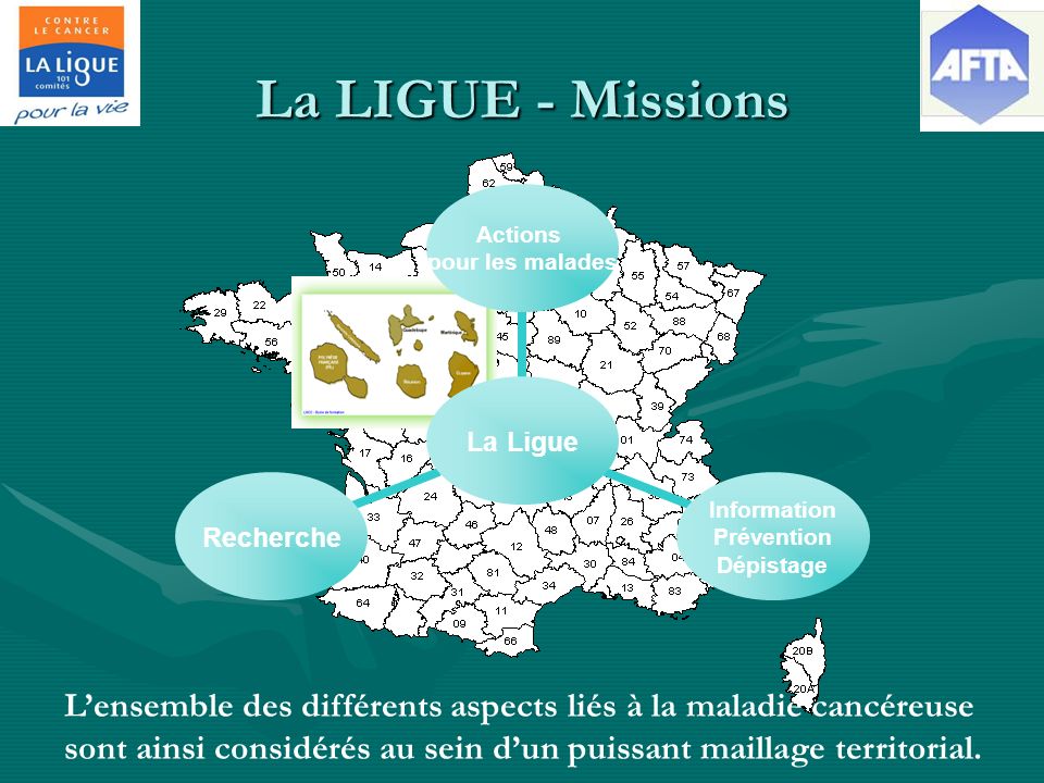 La LIGUE - Missions Lensemble des différents aspects liés à la maladie cancéreuse sont ainsi considérés au sein dun puissant maillage territorial.