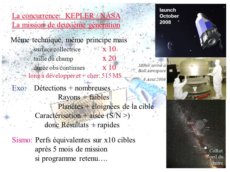 4 La concurrence: KEPLER / NASA La mission de deuxième génération Même technique, même principe mais surface collectrice x 10 taille du champ x 20 durée obs continues x 10 + long à développer et + cher: 515 M$…..