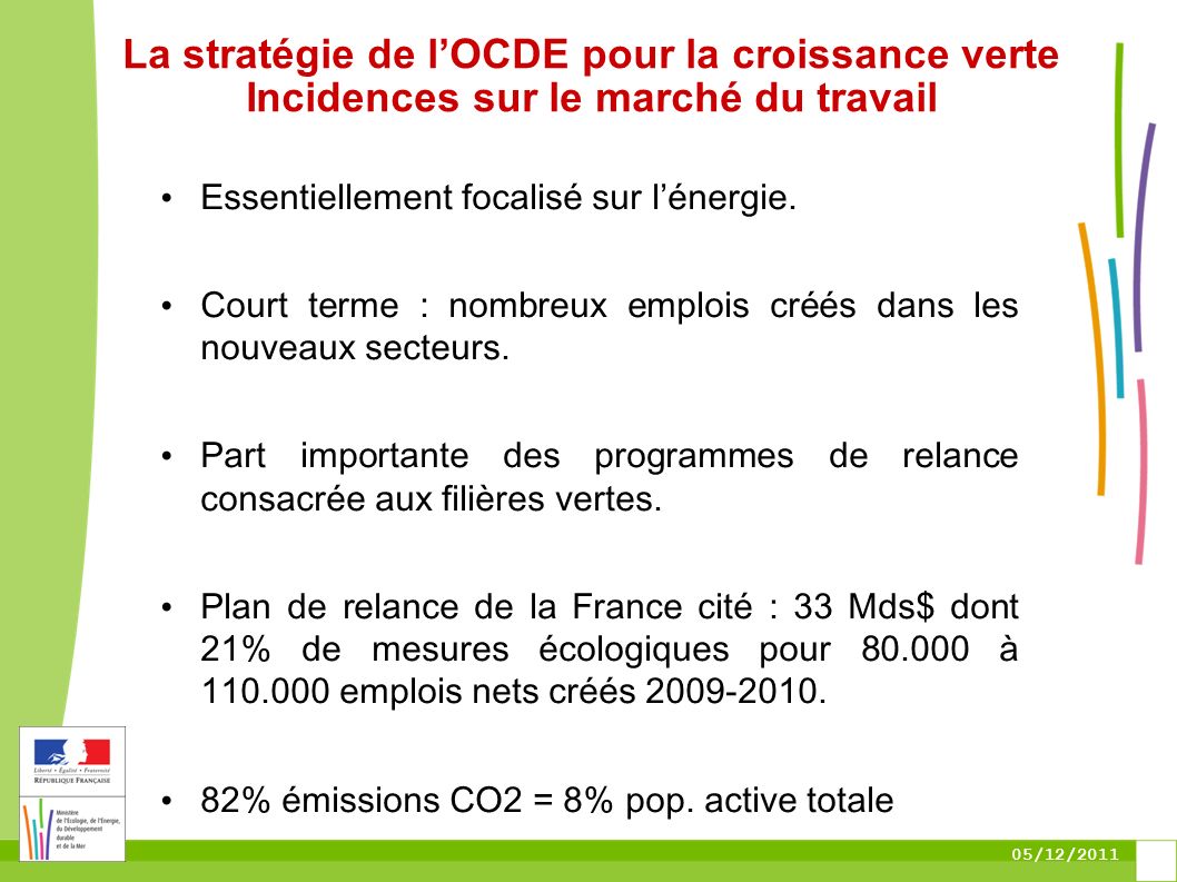 05/12/2011 La stratégie de lOCDE pour la croissance verte Incidences sur le marché du travail Essentiellement focalisé sur lénergie.