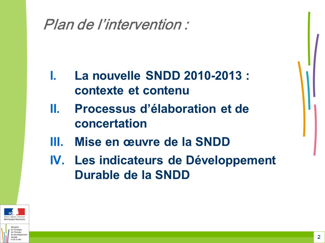 2 Plan de lintervention : I.La nouvelle SNDD : contexte et contenu II.Processus délaboration et de concertation III.Mise en œuvre de la SNDD IV.Les indicateurs de Développement Durable de la SNDD