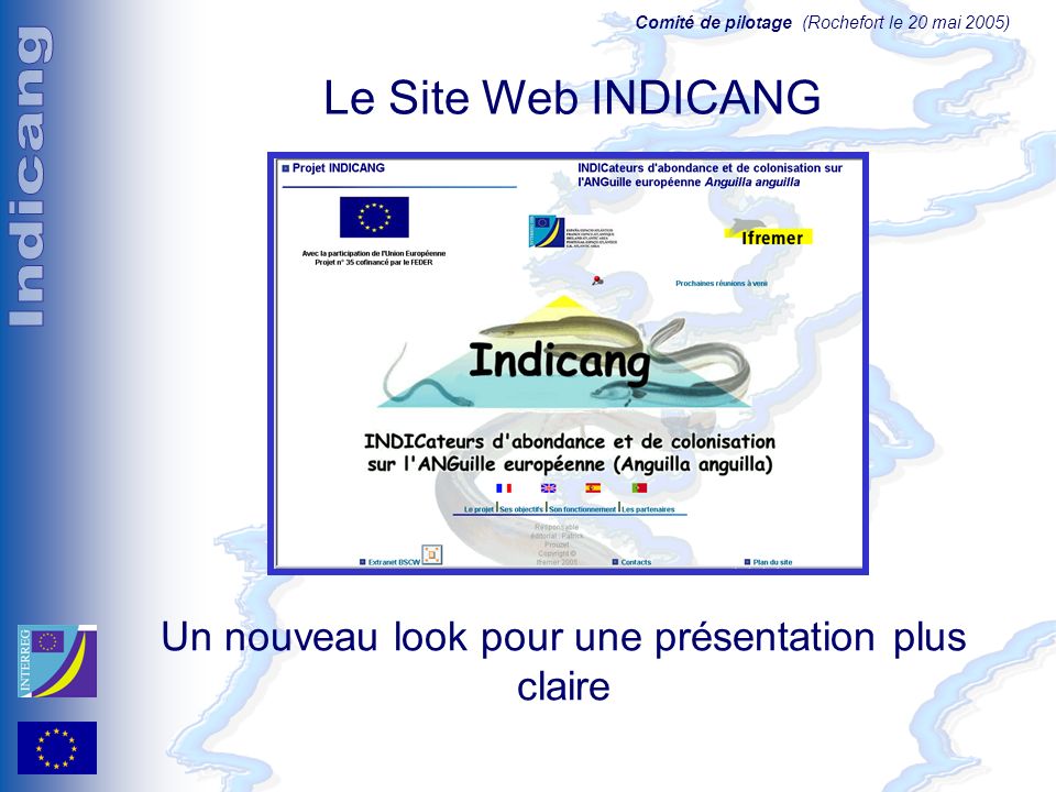 Comité de pilotage (Rochefort le 20 mai 2005) Le Site Web INDICANG Un nouveau look pour une présentation plus claire