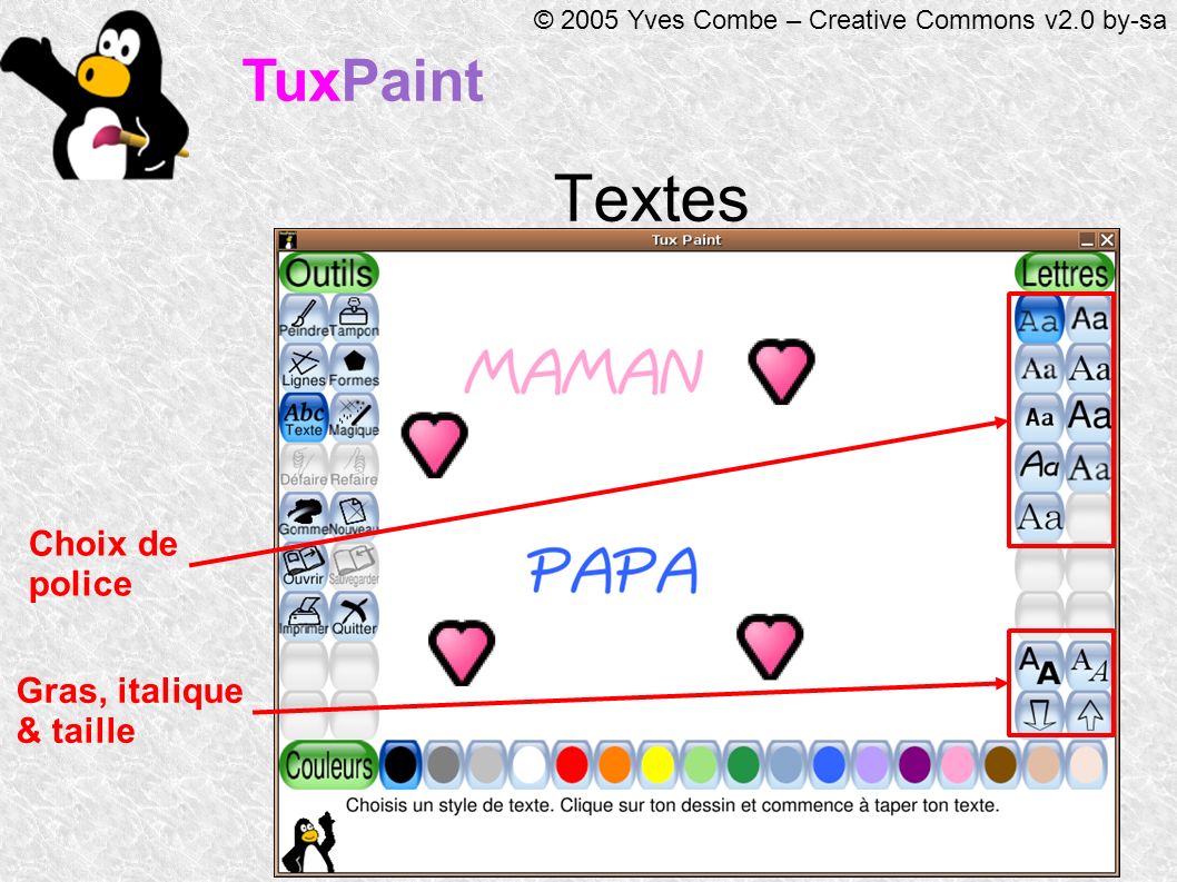 TuxPaint © 2005 Yves Combe – Creative Commons v2.0 by-sa Textes Choix de police Gras, italique & taille