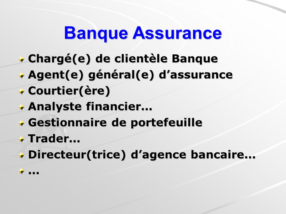 Banque Assurance Chargé(e) de clientèle Banque Agent(e) général(e) dassurance Courtier(ère) Analyste financier...